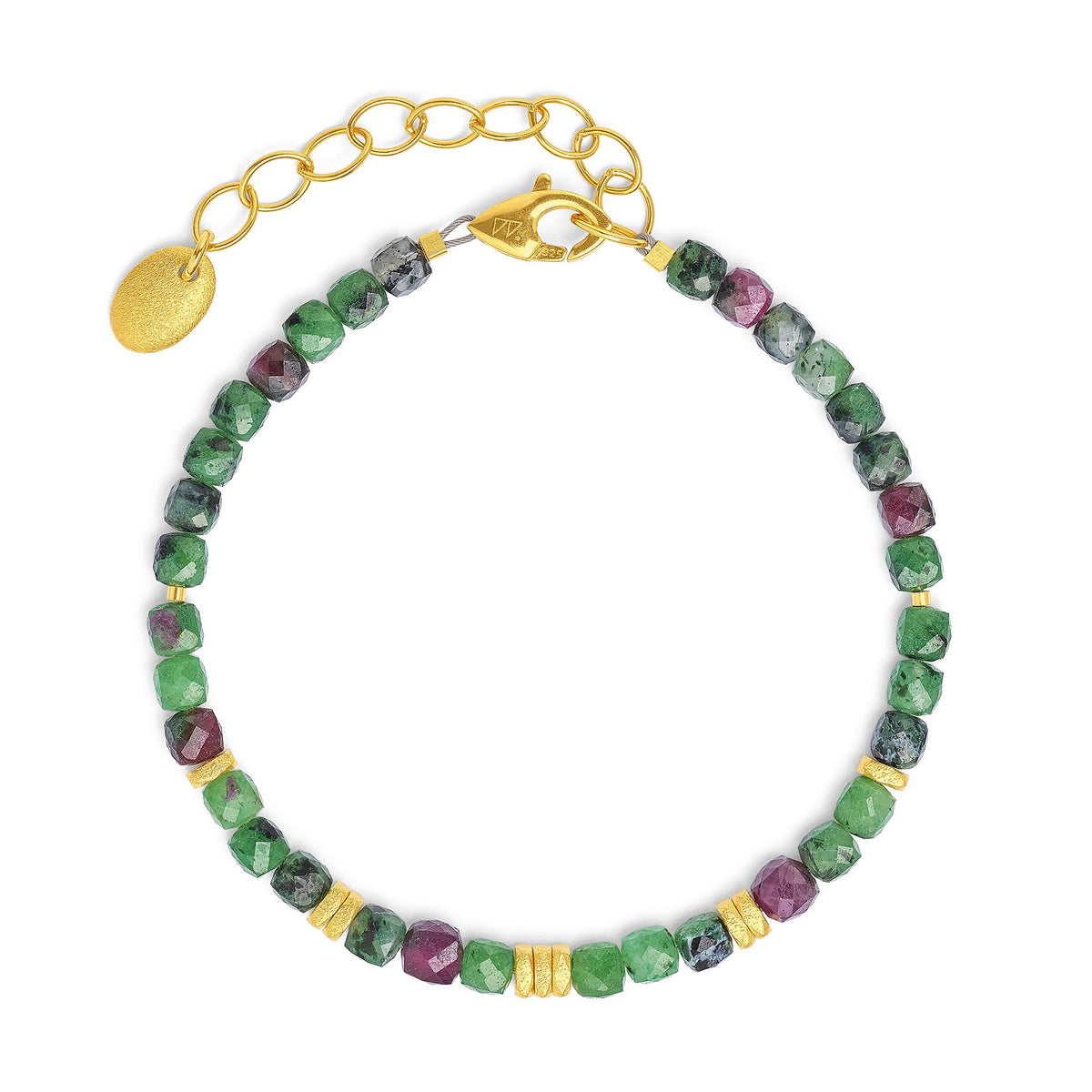 Armkette Fabella von BERND WOLF aus 24-Karat-goldplattiertem Sterlingsilber mit Rubin-Zoisit, Designlinie Cubes.