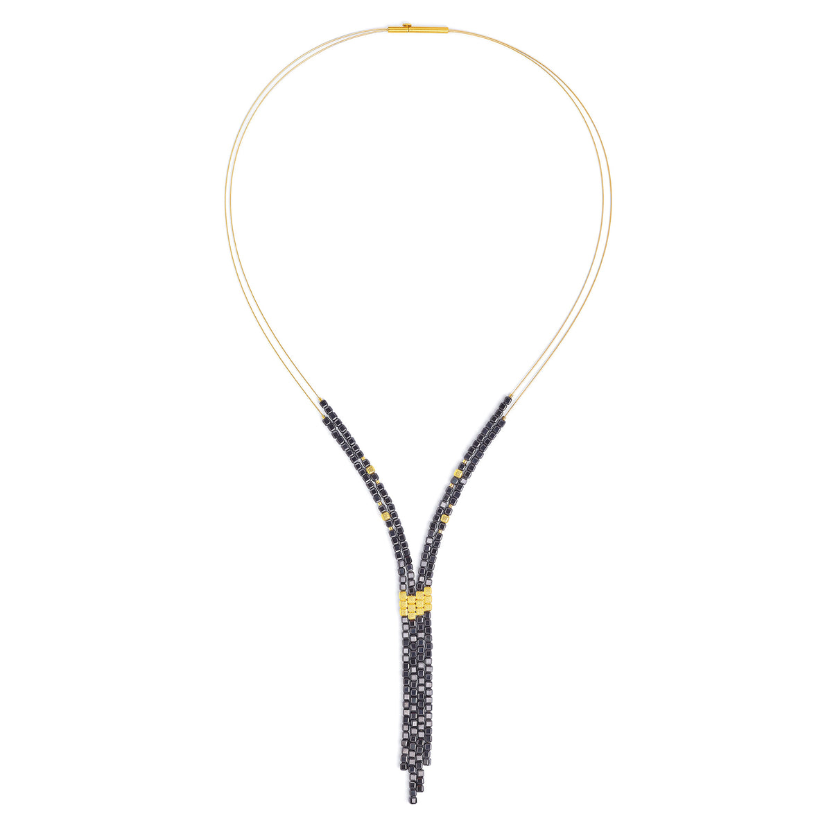 Y-Collier Yacusa von BERND WOLF aus 24-Karat-goldplattiertem Sterlingsilber mit Spinell, Designlinie Cubes.