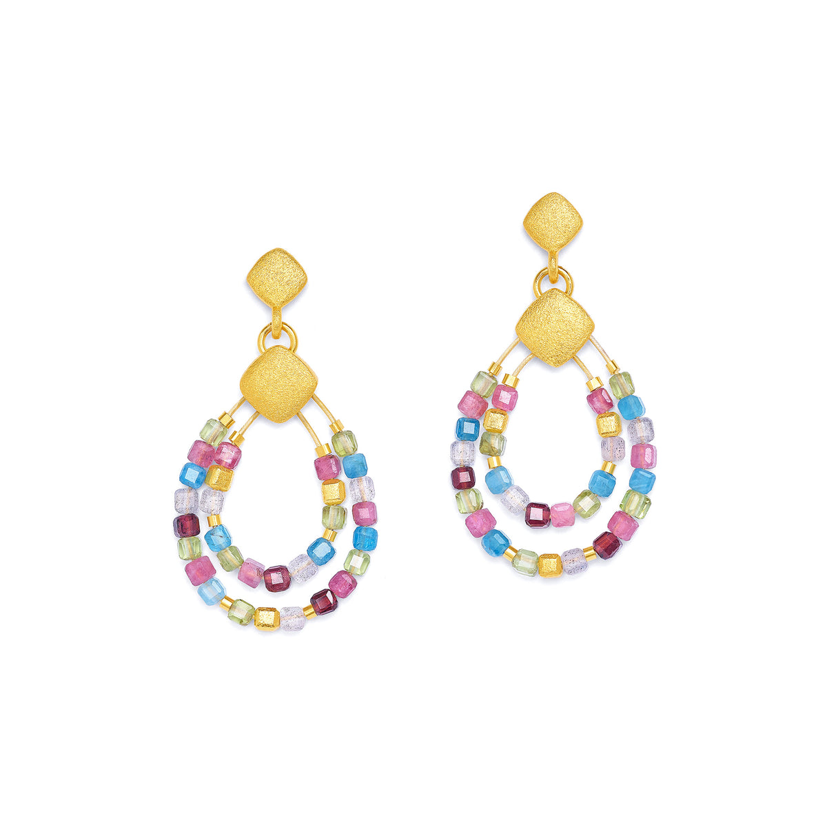 Ohrhänger Cuseva von BERND WOLF aus 24-Karat-goldplattiertem Sterlingsilber mit Multicolor, Designlinie Cubes.