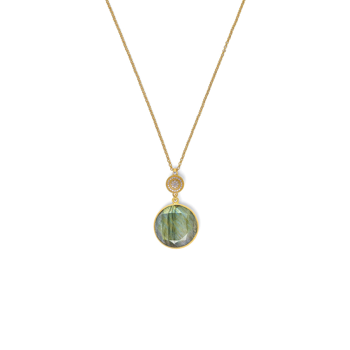 Kette mit Anhänger Verinas von BERND WOLF aus 24-Karat-goldplattiertem Sterlingsilber mit Labradorit, Designlinie Sparkling Pavé.