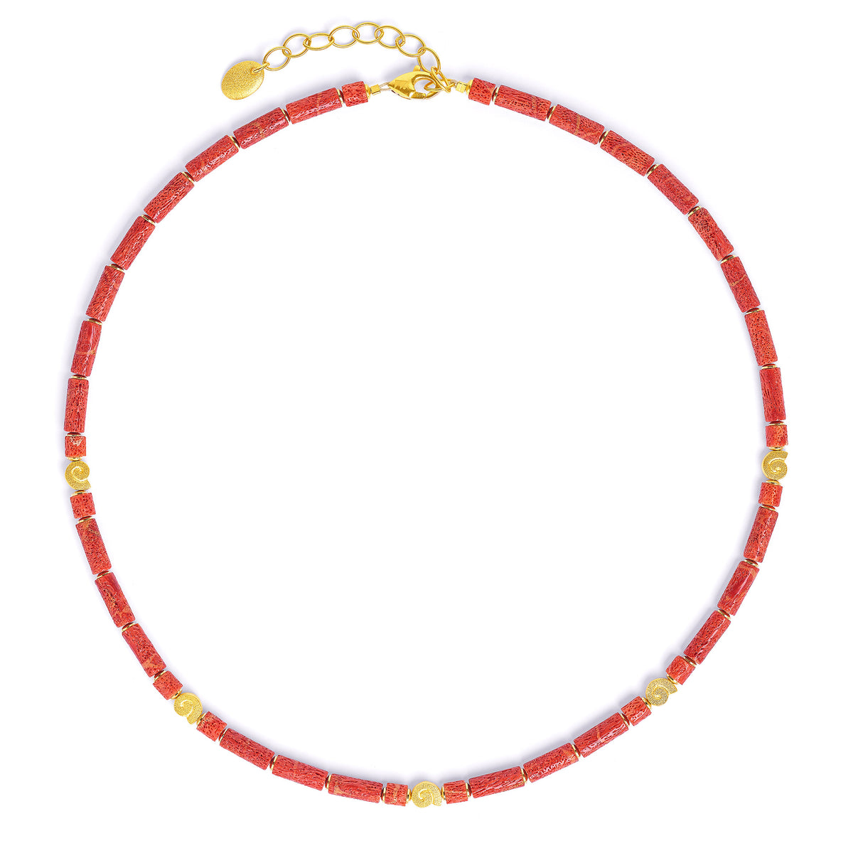 Halskette Marienella von BERND WOLF aus 24-Karat-goldplattiertem Sterlingsilber mit Wurzelkoralle, Designlinie Koru.