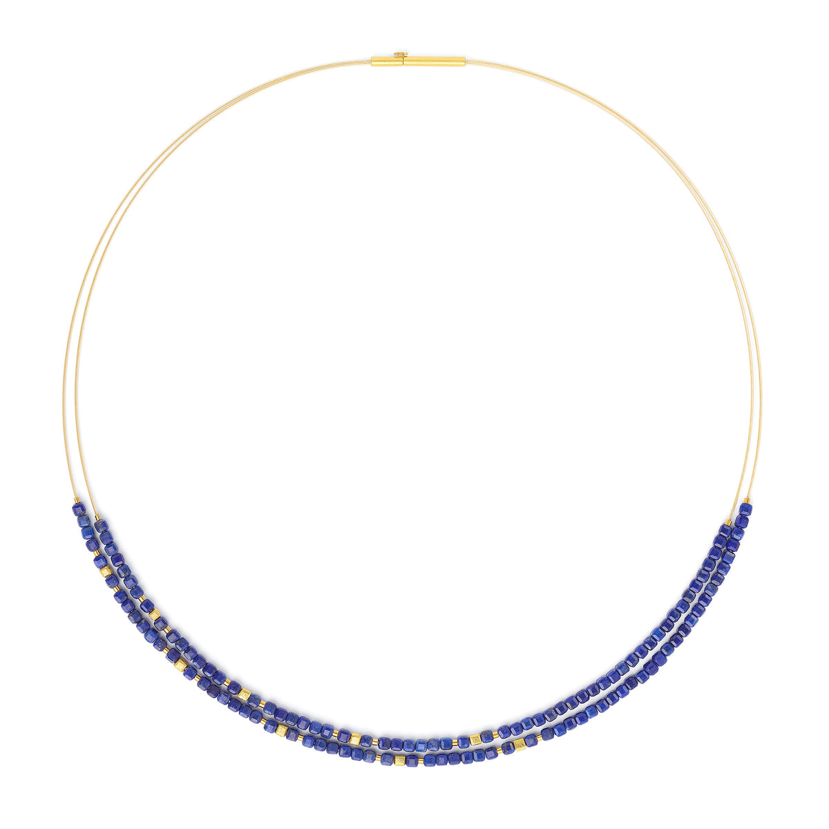 Collier Cusca von BERND WOLF aus 24-Karat-goldplattiertem Sterlingsilber mit Lapislazuli, Designlinie Cubes.