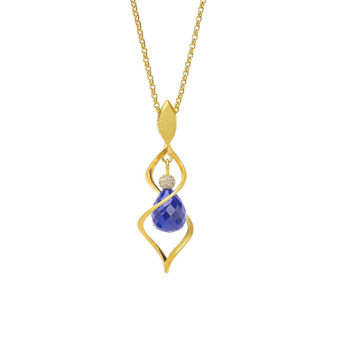 Kette mit Anhänger Spiranni von BERND WOLF aus 24-Karat-goldplattiertem Sterlingsilber mit Lapislazuli, Designlinie Navette.