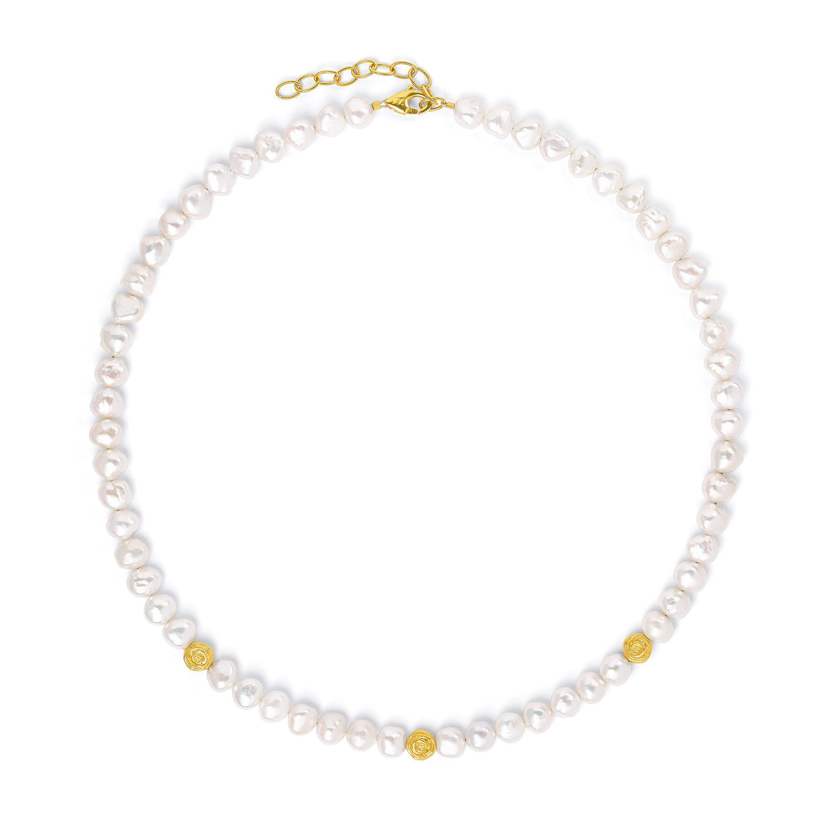 Halskette Rospina von BERND WOLF aus 24-Karat-goldplattiertem Sterlingsilber mit Süßwasserperle, Designlinie Rose.