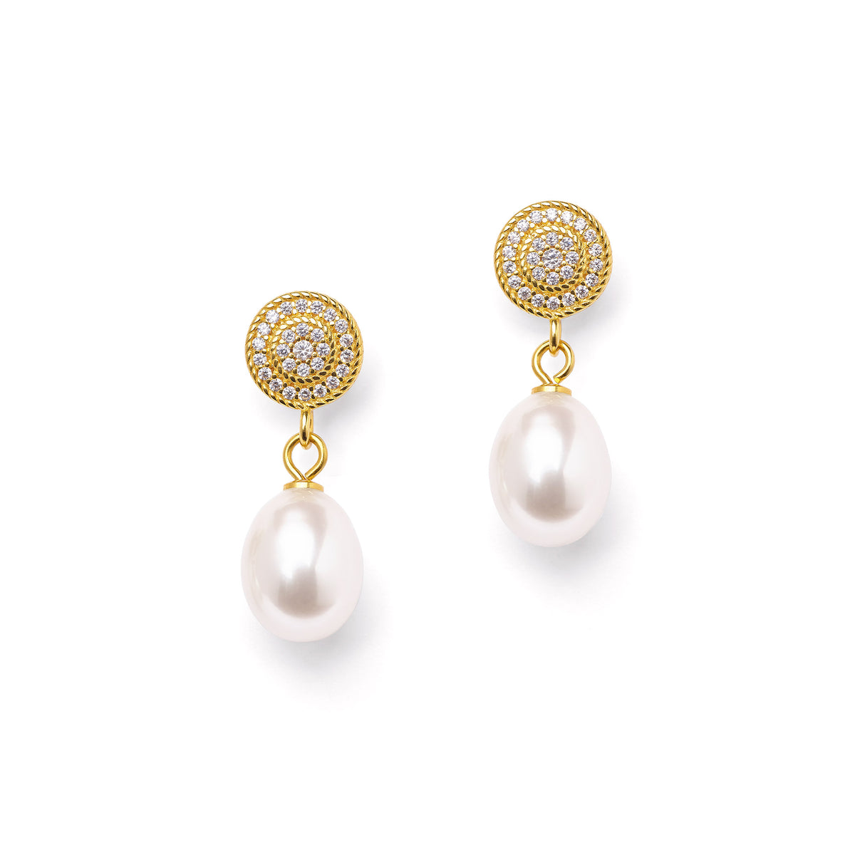 Ohrhänger Verina von BERND WOLF aus 24-Karat-goldplattiertem Sterlingsilber mit Süßwasserperle, Designlinie Sparkling Pavé.