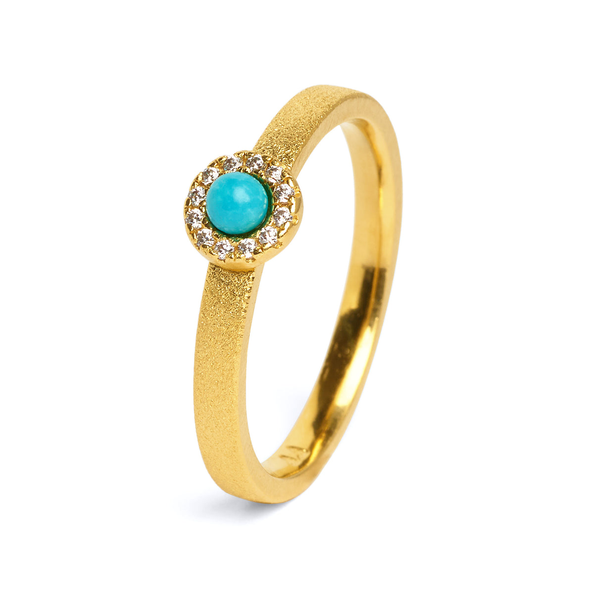 Ring Tissy von BERND WOLF aus 24-Karat-goldplattiertem Sterlingsilber mit Türkis blau, Designlinie Sparkling Pavé.