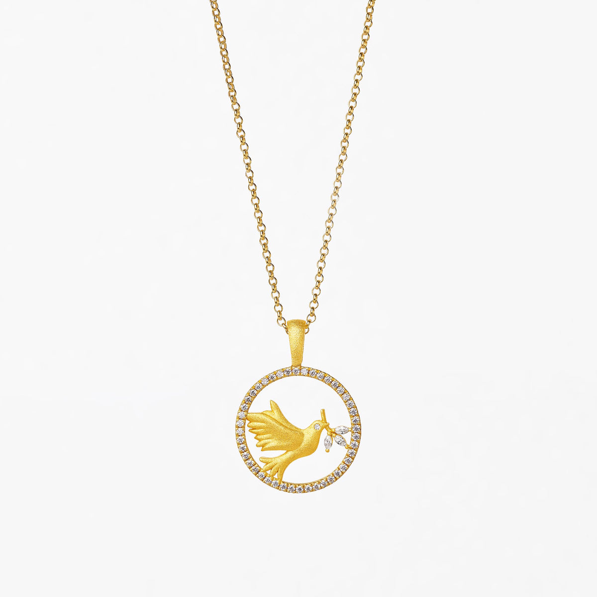 Kette mit Anhänger Taube von BERND WOLF aus 24-Karat-goldplattiertem Sterlingsilber mit Zirkonia, Designlinie Friedenstaube.