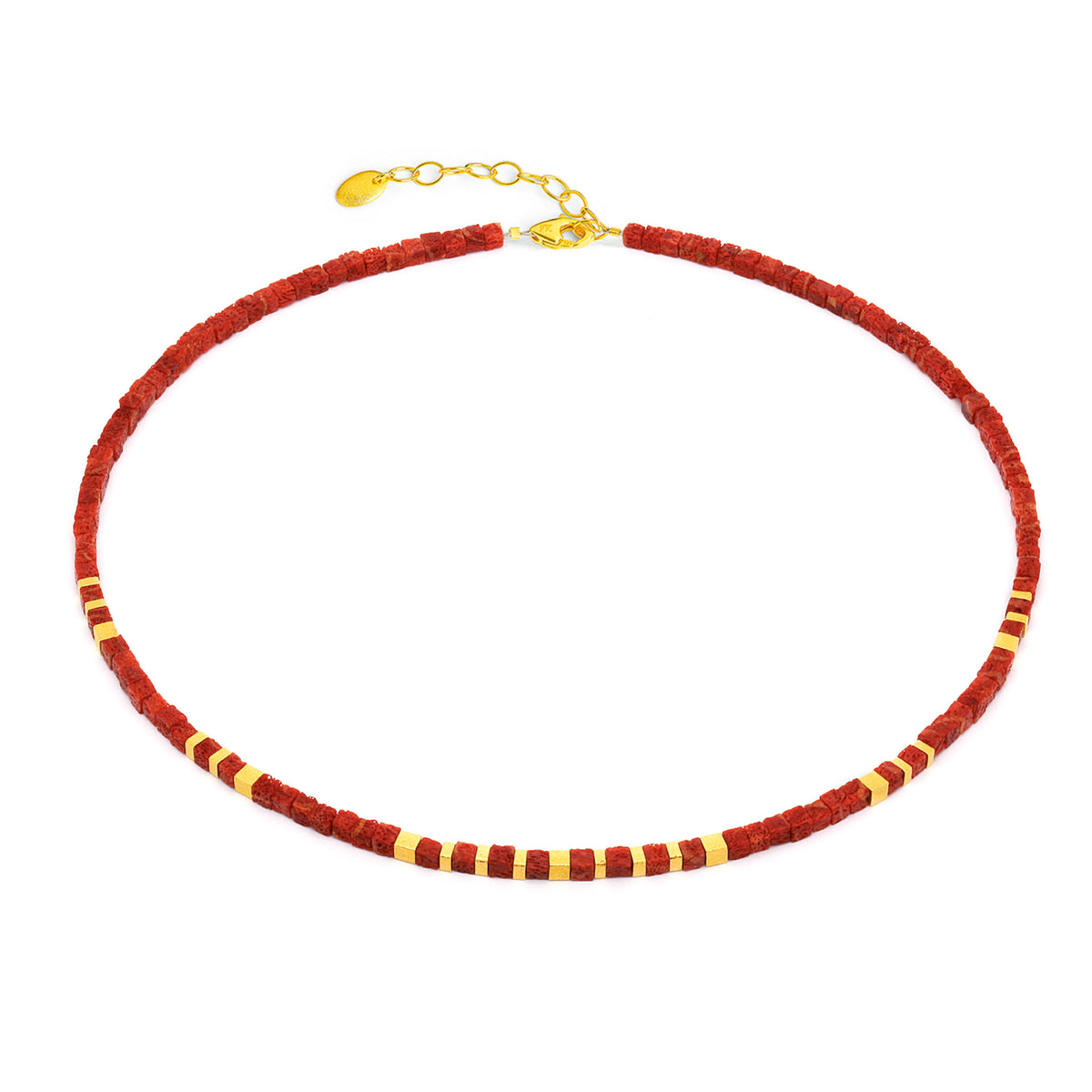 Halskette Cubella von BERND WOLF aus 24-Karat-goldplattiertem Sterlingsilber mit Wurzelkoralle, Designlinie Cubes.