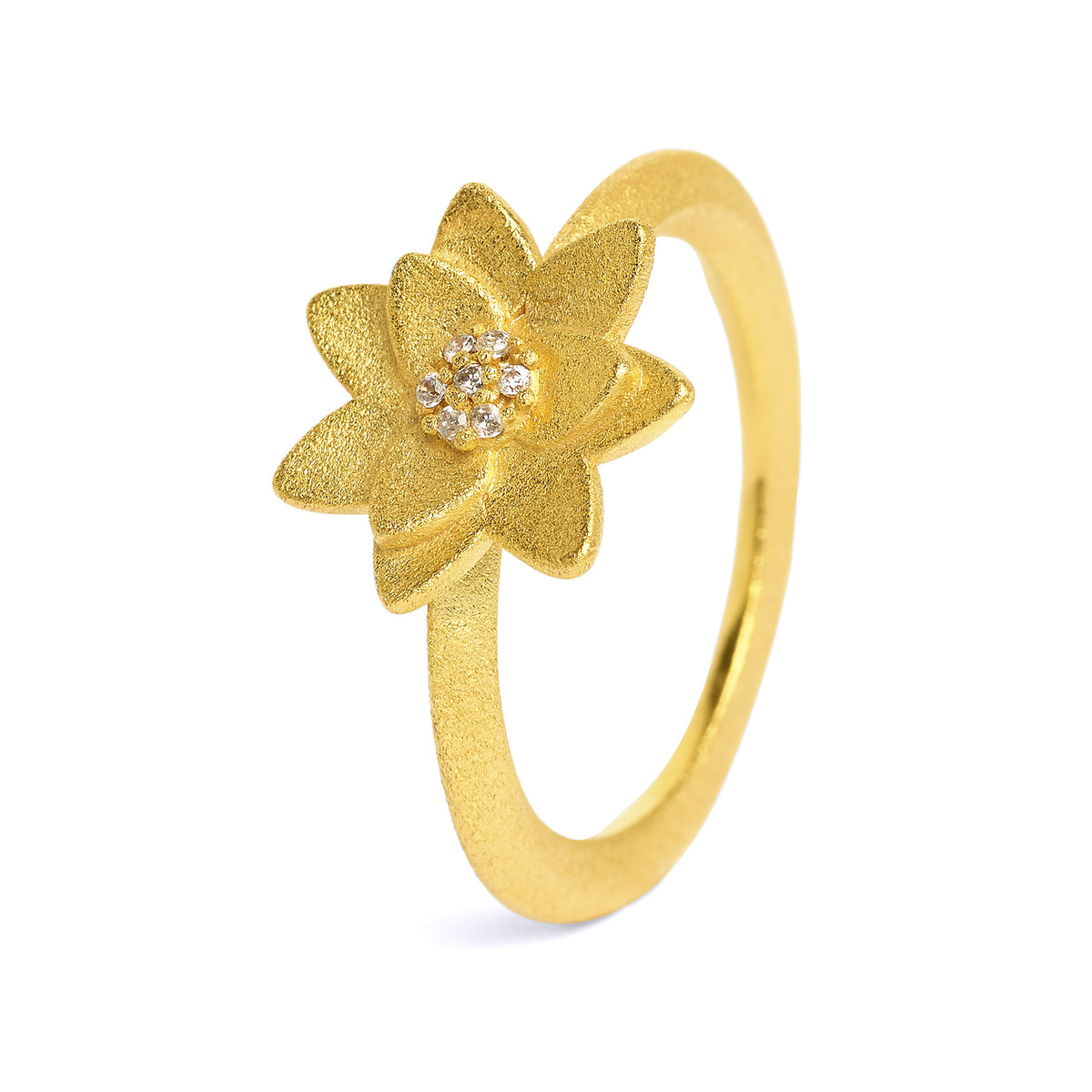Ring Hortensia von BERND WOLF aus 24-Karat-goldplattiertem Sterlingsilber mit Zirkonia, Designlinie Hortensia.