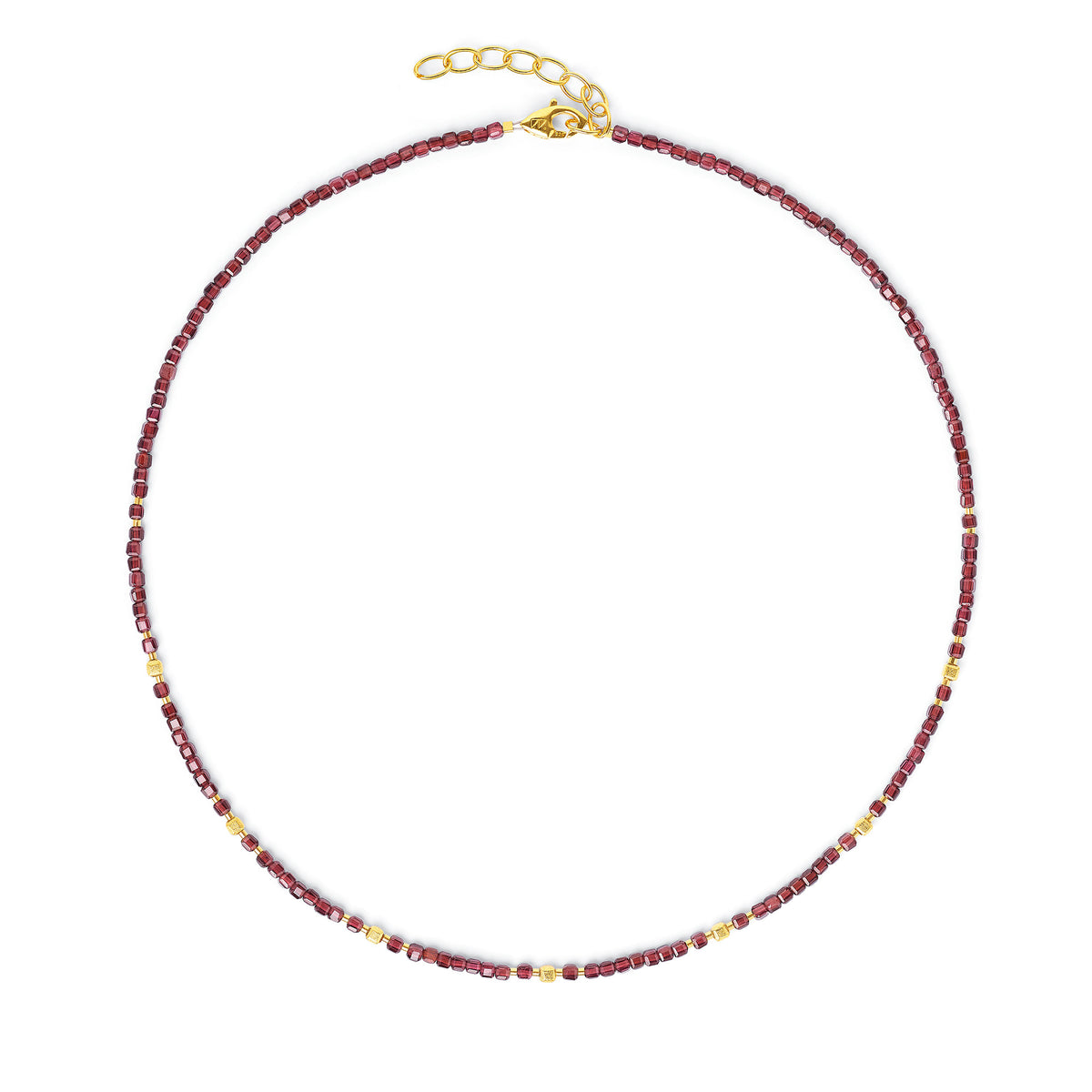 Halskette Cuseva von BERND WOLF aus 24-Karat-goldplattiertem Sterlingsilber mit Granat, Designlinie Cubes.