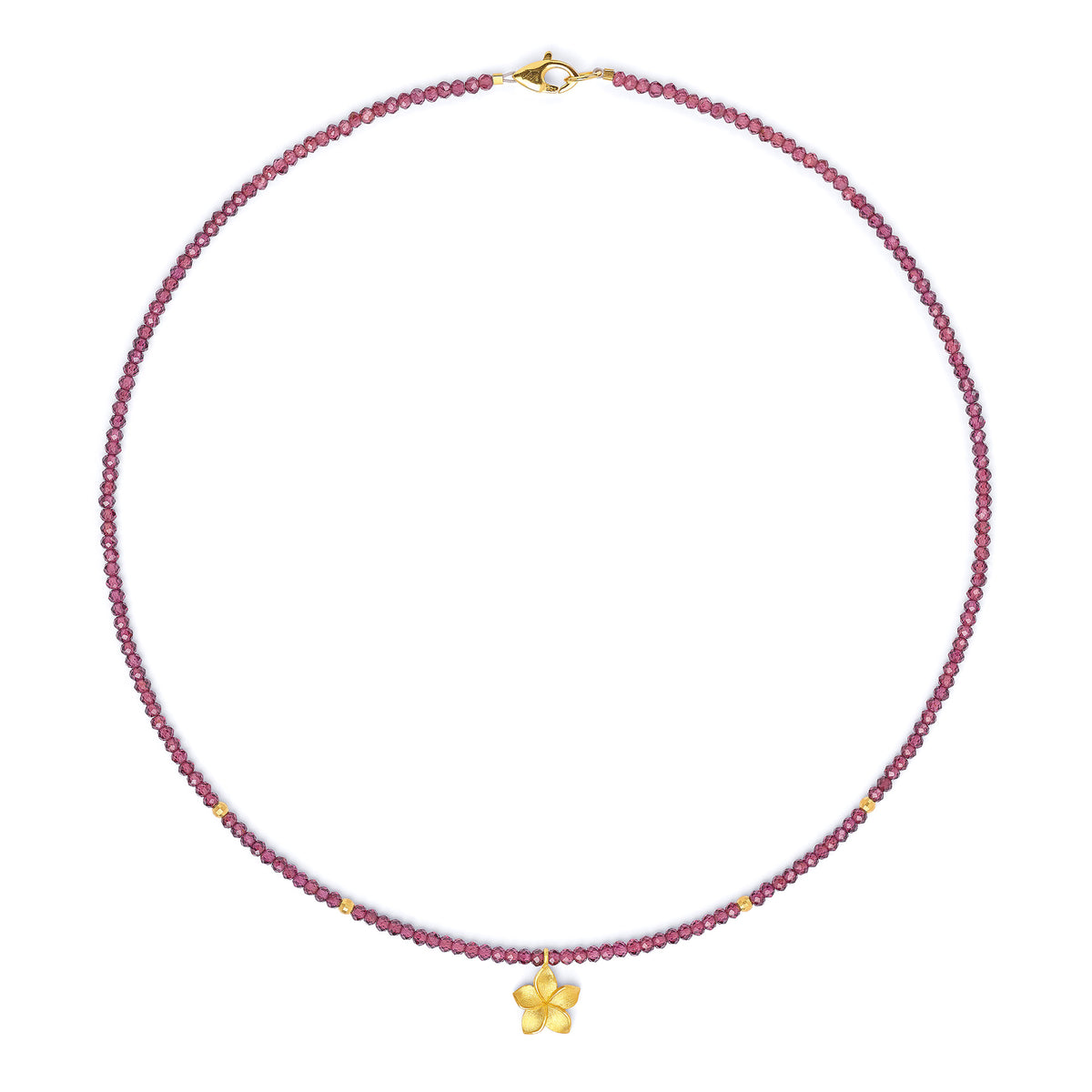 Halskette Franca von BERND WOLF aus 14-Karat-Gold mit Rhodolith, Designlinie Frangipani.
