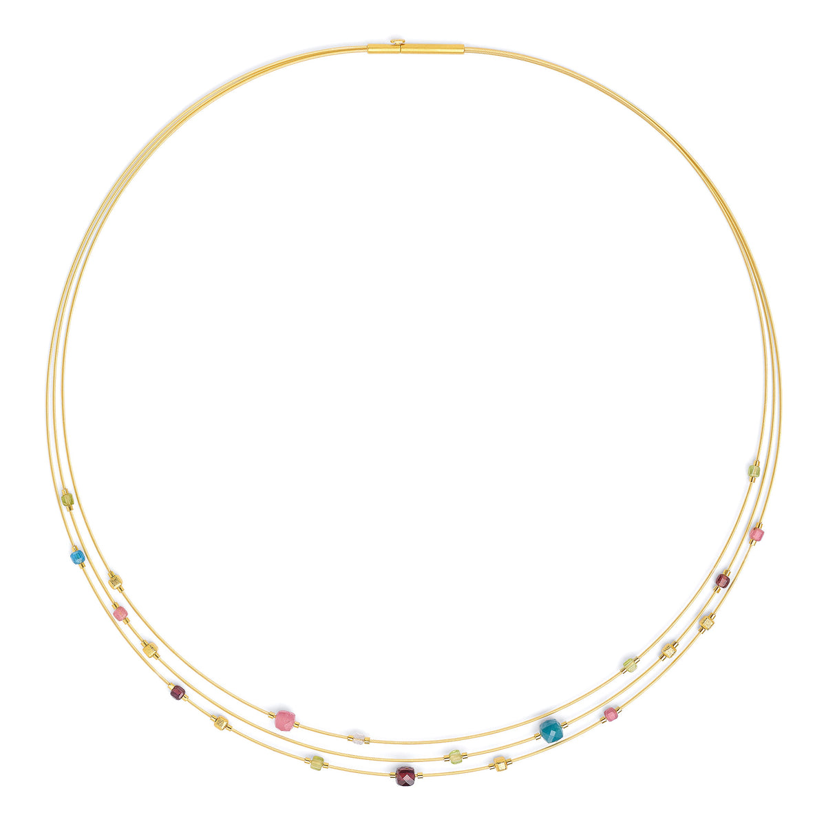 Collier Cubicolio von BERND WOLF aus 24-Karat-goldplattiertem Sterlingsilber mit Multicolor, Designlinie Cubes.