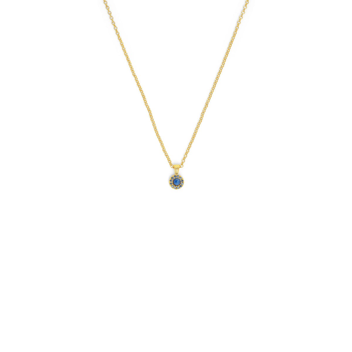 Kette mit Anhänger Arenia von BERND WOLF aus 24-Karat-goldplattiertem Sterlingsilber mit Saphir, Designlinie Pavé Zirkonia.