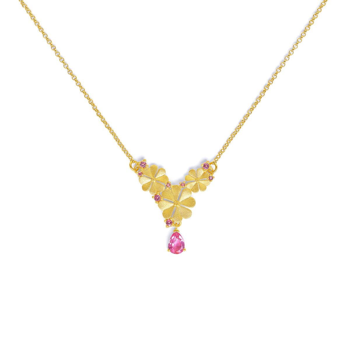 Kette mit Anhänger Kleetria von BERND WOLF aus 24-Karat-goldplattiertem Sterlingsilber mit Turmalin pink, Designlinie Glücksbringer.