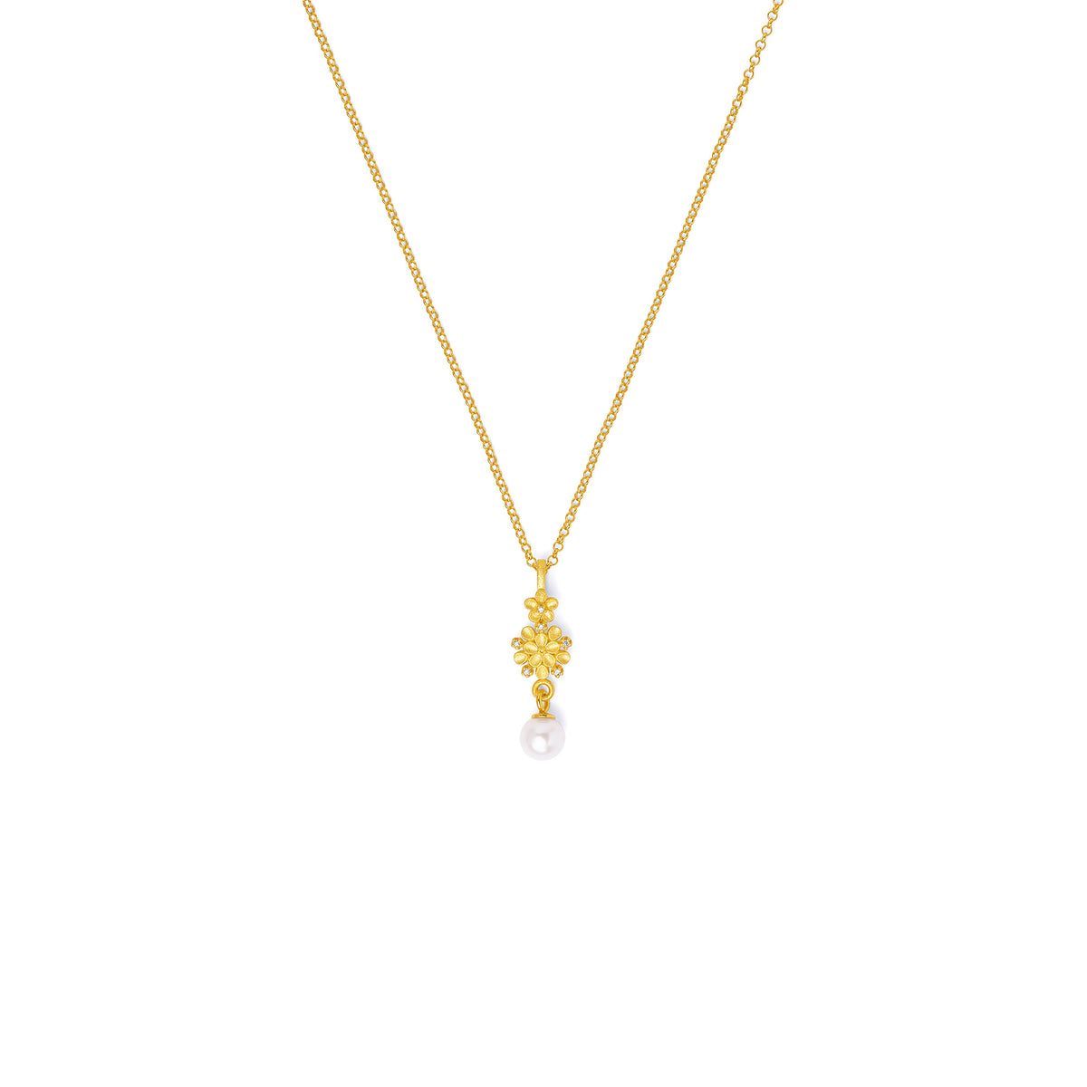 Kette mit Anhänger Ceriso von BERND WOLF aus 24-Karat-goldplattiertem Sterlingsilber mit Süßwasserperle, Designlinie Flowertimes.