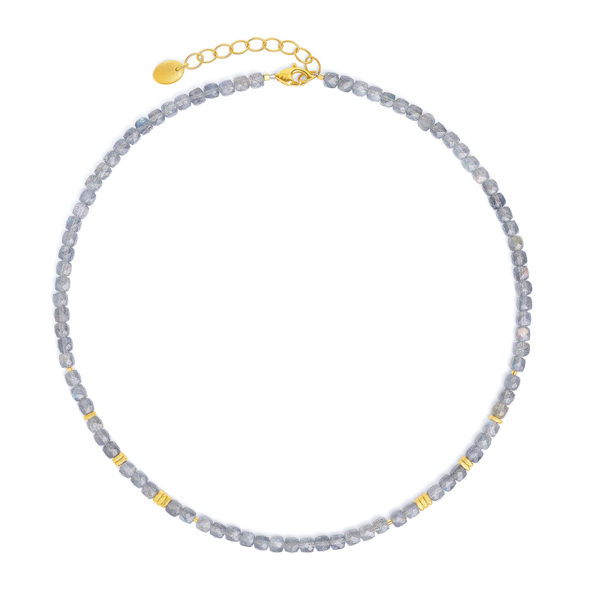 Halskette Fabella von BERND WOLF aus 24-Karat-goldplattiertem Sterlingsilber mit Labradorit, Designlinie Cubes.