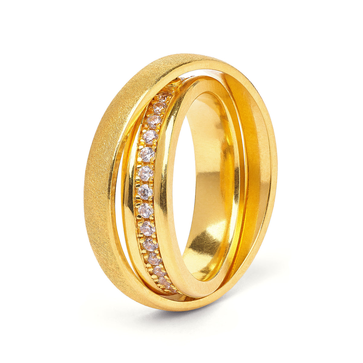 Ring Hideaway von BERND WOLF aus 24-Karat-goldplattiertem Sterlingsilber mit Zirkonia, Designlinie Orbit.