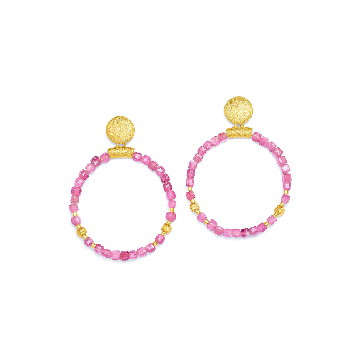 Ohrhänger Rondela von BERND WOLF aus 24-Karat-goldplattiertem Sterlingsilber mit Turmalin pink, Designlinie Cubes.