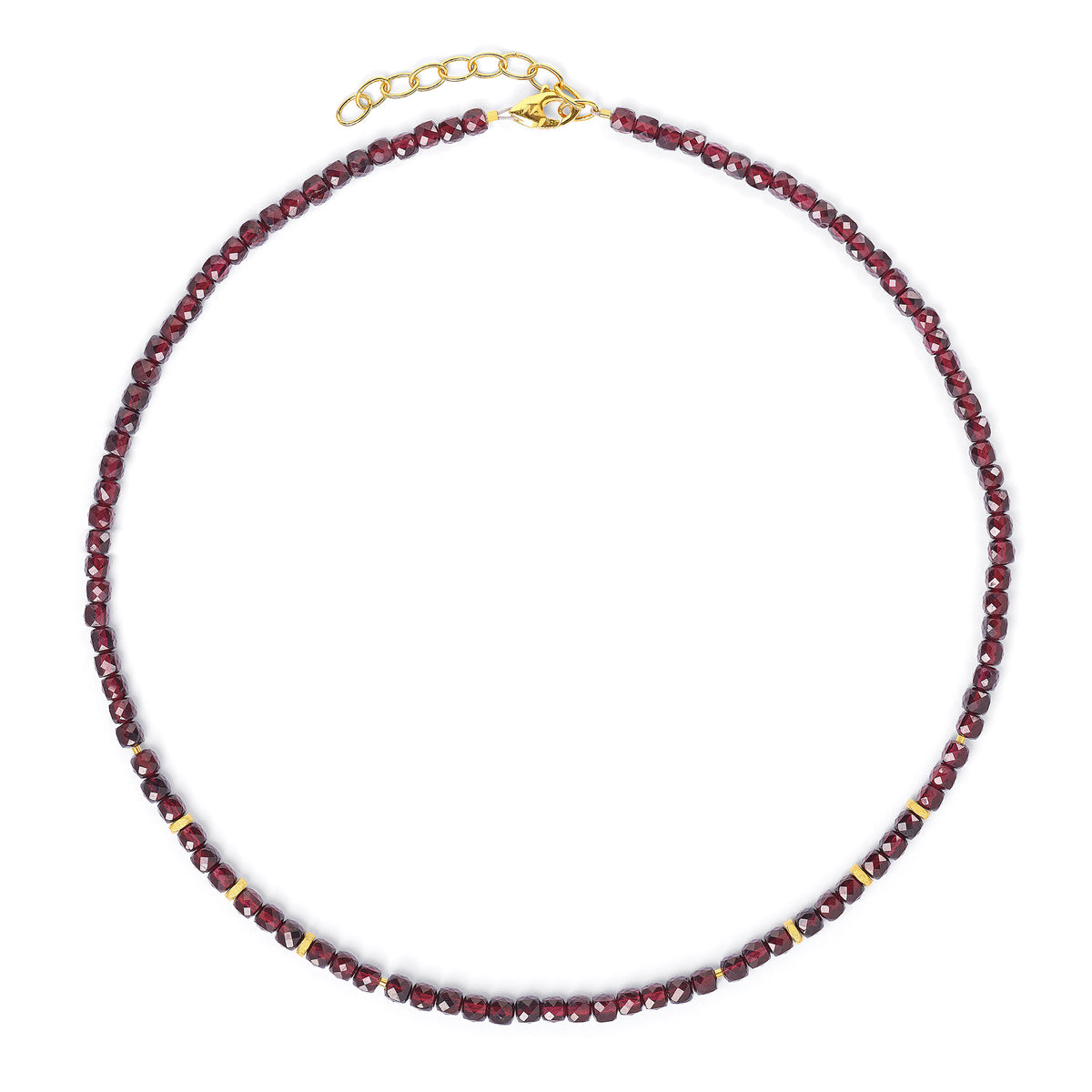 Halskette Fabricia von BERND WOLF aus 24-Karat-goldplattiertem Sterlingsilber mit Granat, Designlinie Cubes.