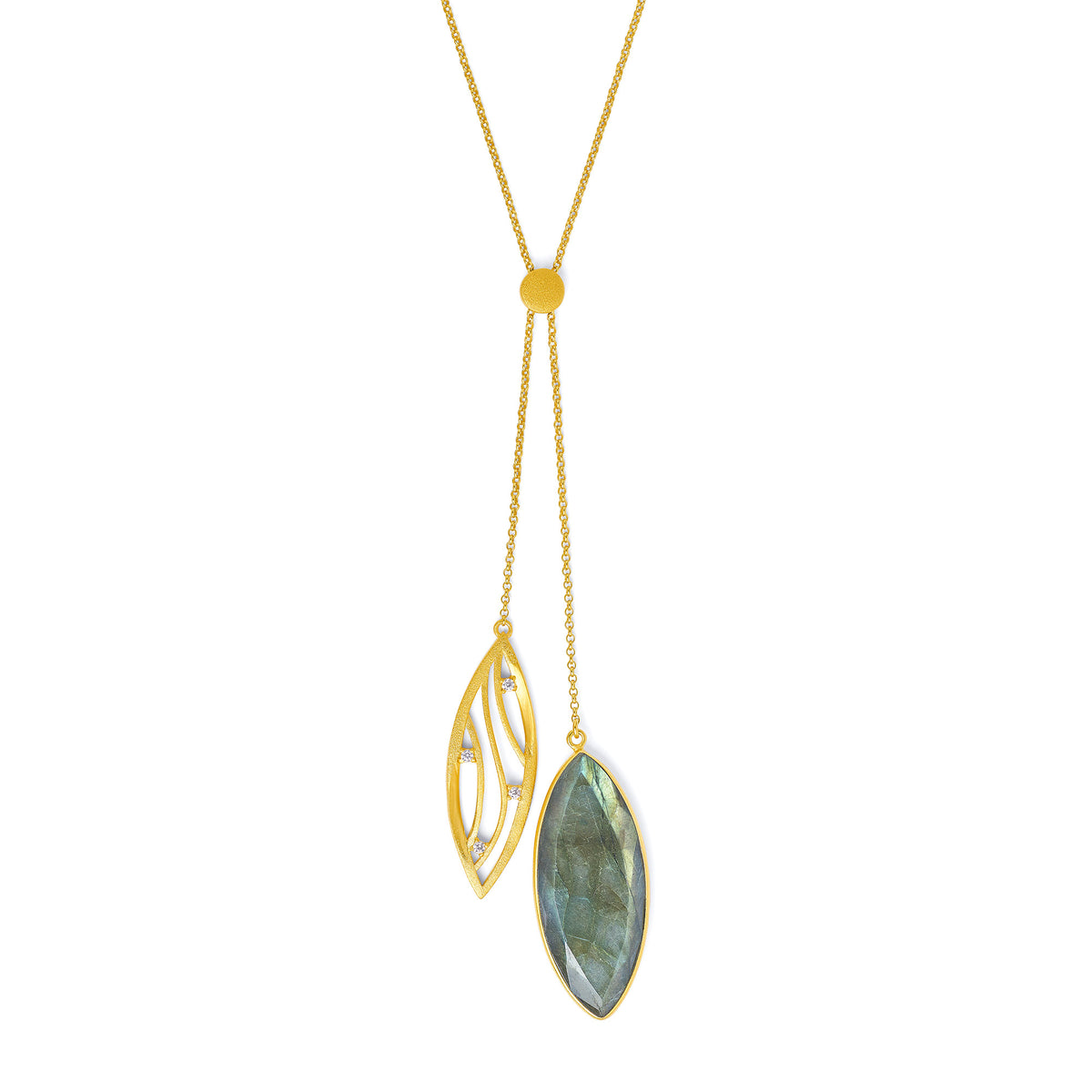 Y-Collier Selmas von BERND WOLF aus 24-Karat-goldplattiertem Sterlingsilber mit Labradorit, Designlinie Swing.