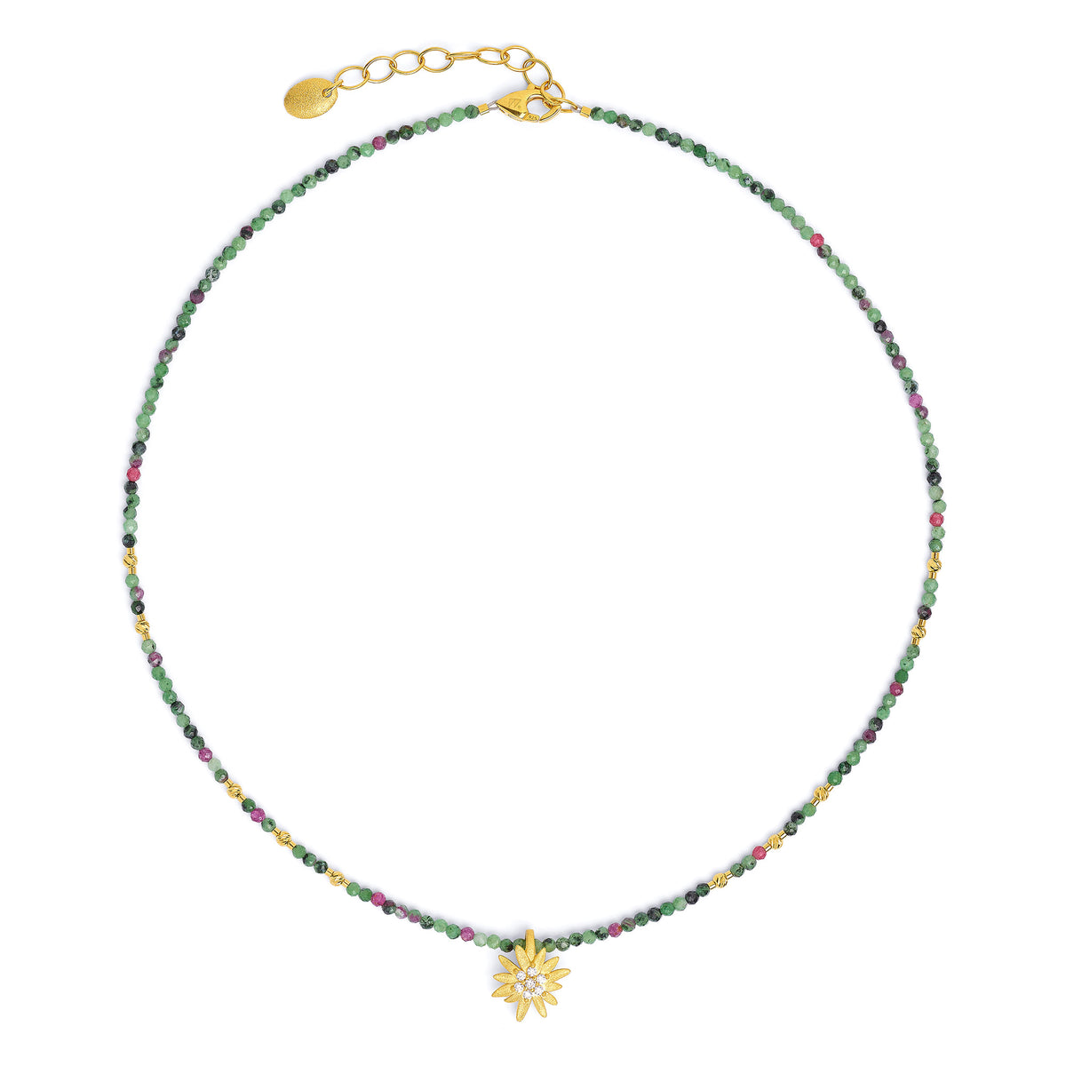 Halskette Heidi von BERND WOLF aus 24-Karat-goldplattiertem Sterlingsilber mit Rubin-Zoisit, Designlinie Bergwelt.