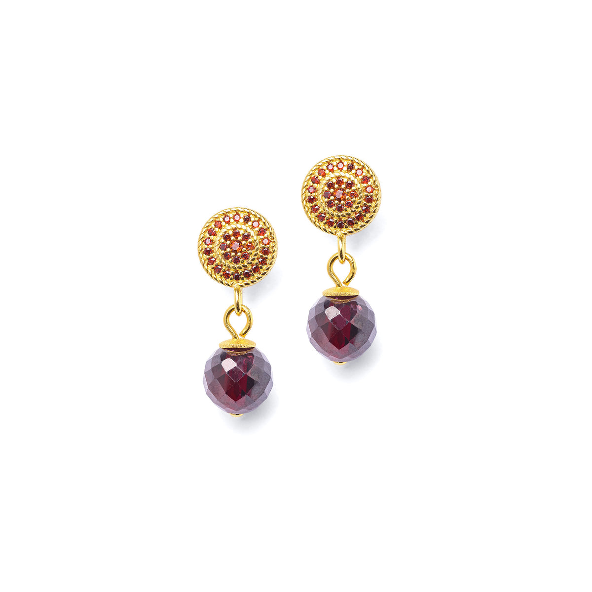 Ohrhänger Verina von BERND WOLF aus 24-Karat-goldplattiertem Sterlingsilber mit Granat, Designlinie Sparkling Pavé.