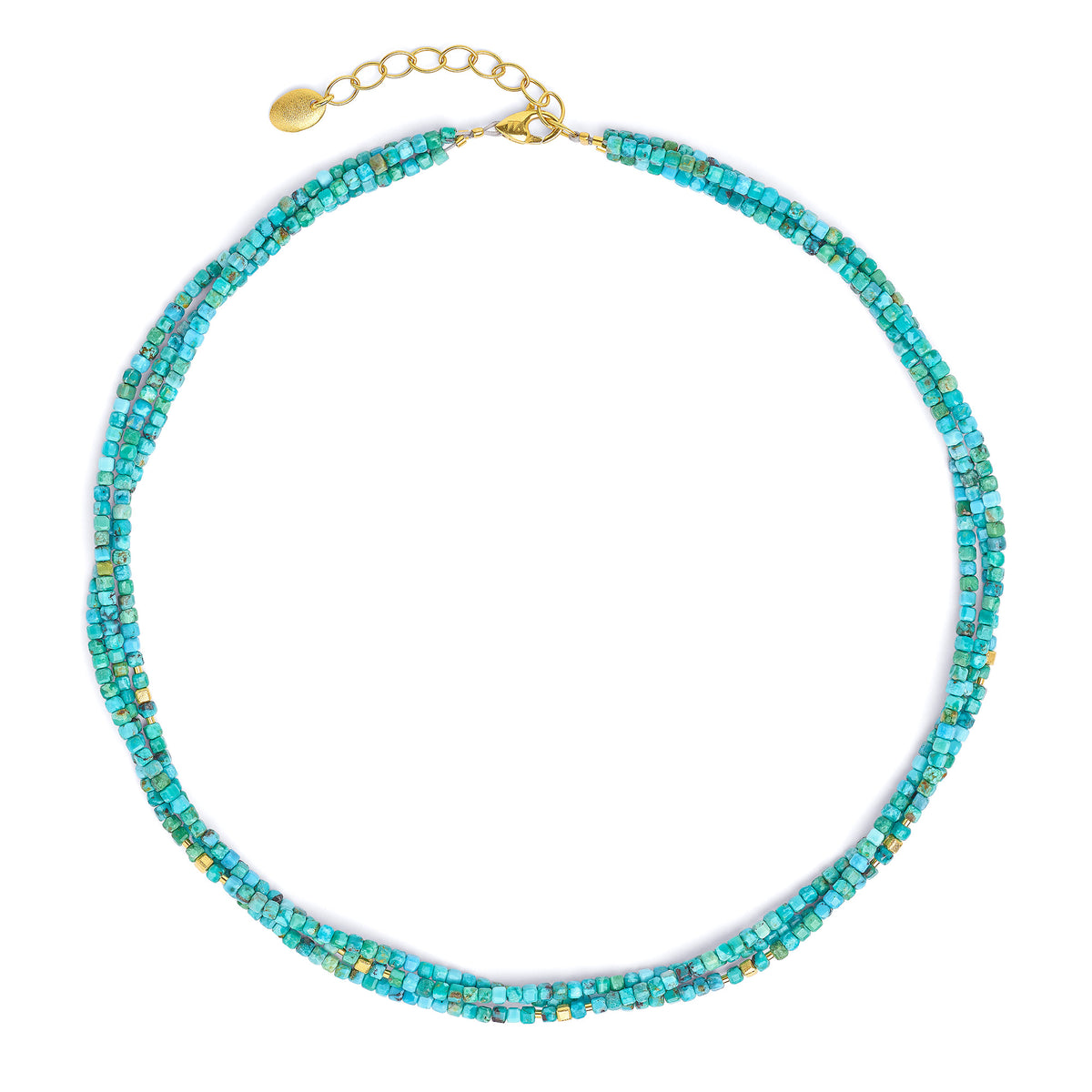 Halskette Sedona von BERND WOLF aus 24-Karat-goldplattiertem Sterlingsilber mit Türkis blau, Designlinie Cubes.