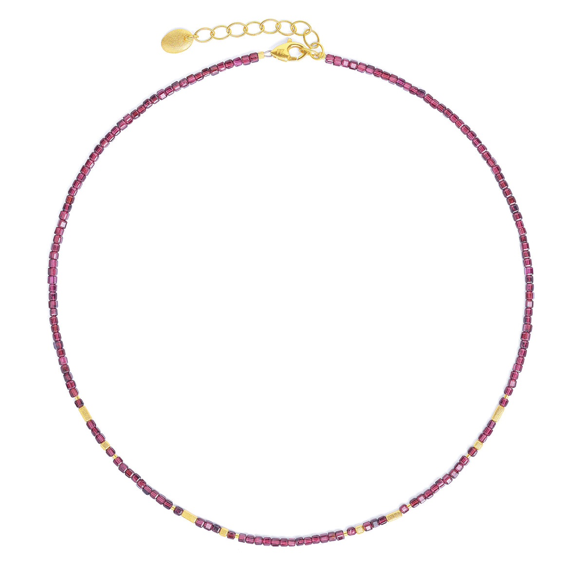 Halskette Cubelia von BERND WOLF aus 24-Karat-goldplattiertem Sterlingsilber mit Granat, Designlinie Cubes.