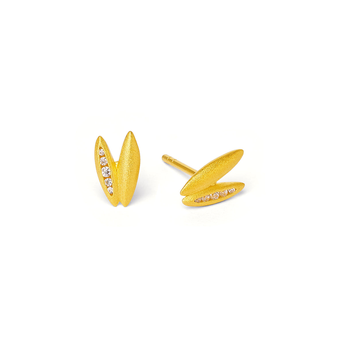 Ohrstecker Venduett von BERND WOLF aus 24-Karat-goldplattiertem Sterlingsilber mit Zirkonia, Designlinie Navette.