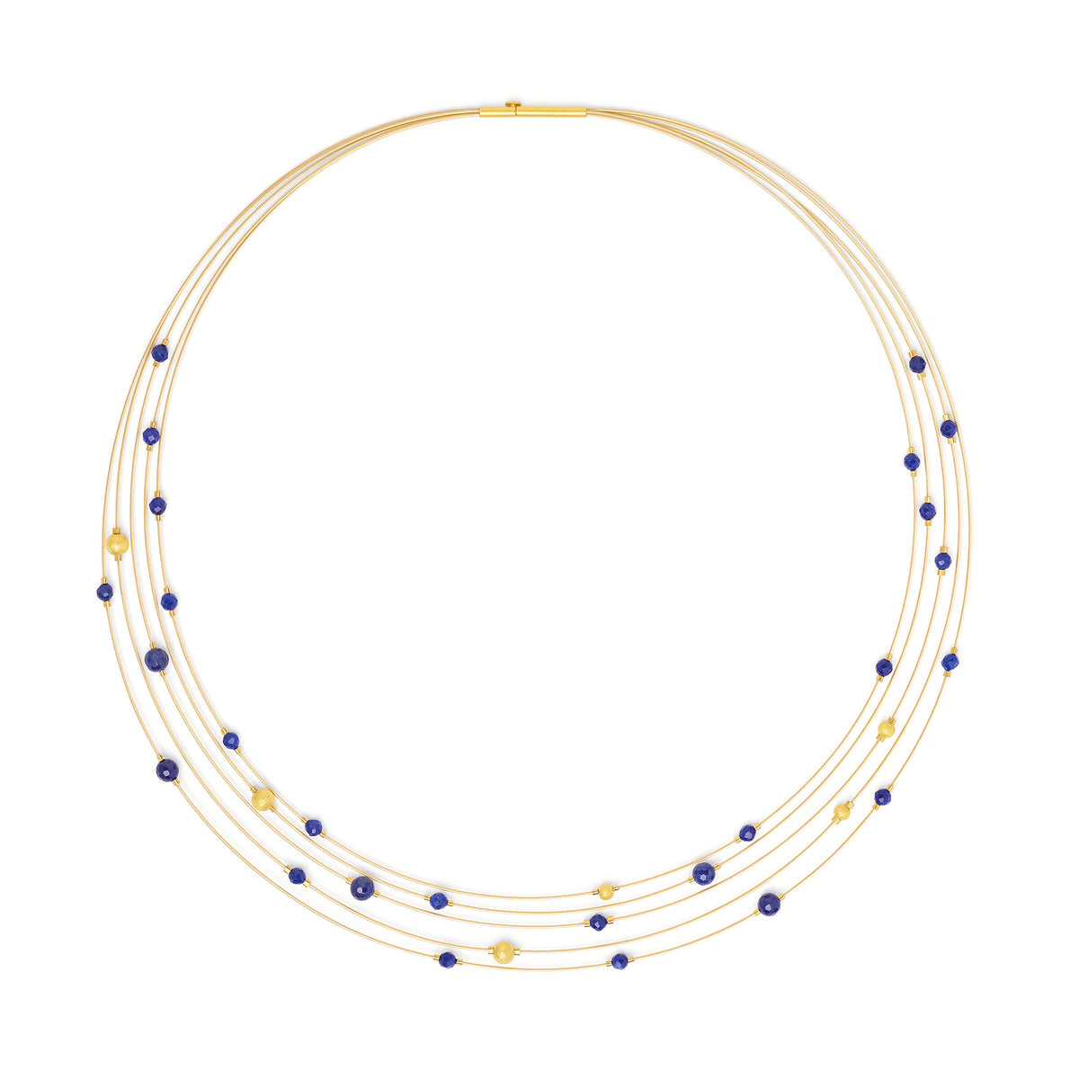 Collier Planety von BERND WOLF aus 24-Karat-goldplattiertem Sterlingsilber mit Lapislazuli, Designlinie Orbit.