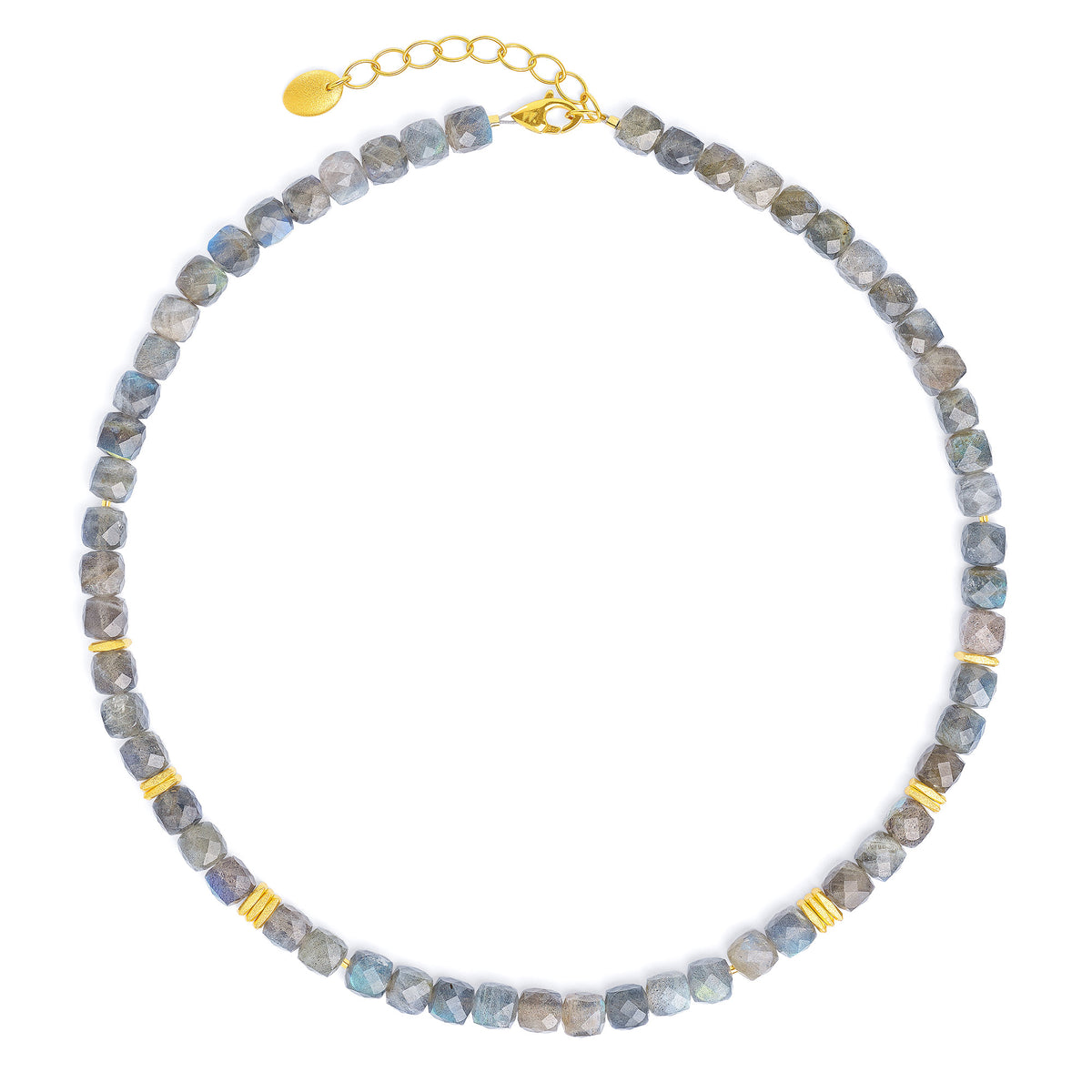 Halskette Fabello von BERND WOLF aus 24-Karat-goldplattiertem Sterlingsilber mit Labradorit, Designlinie Cubes.