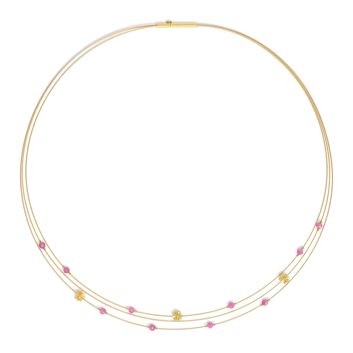 Collier Kleefacena von BERND WOLF aus 24-Karat-goldplattiertem Sterlingsilber mit Turmalin pink, Designlinie Glücksbringer.