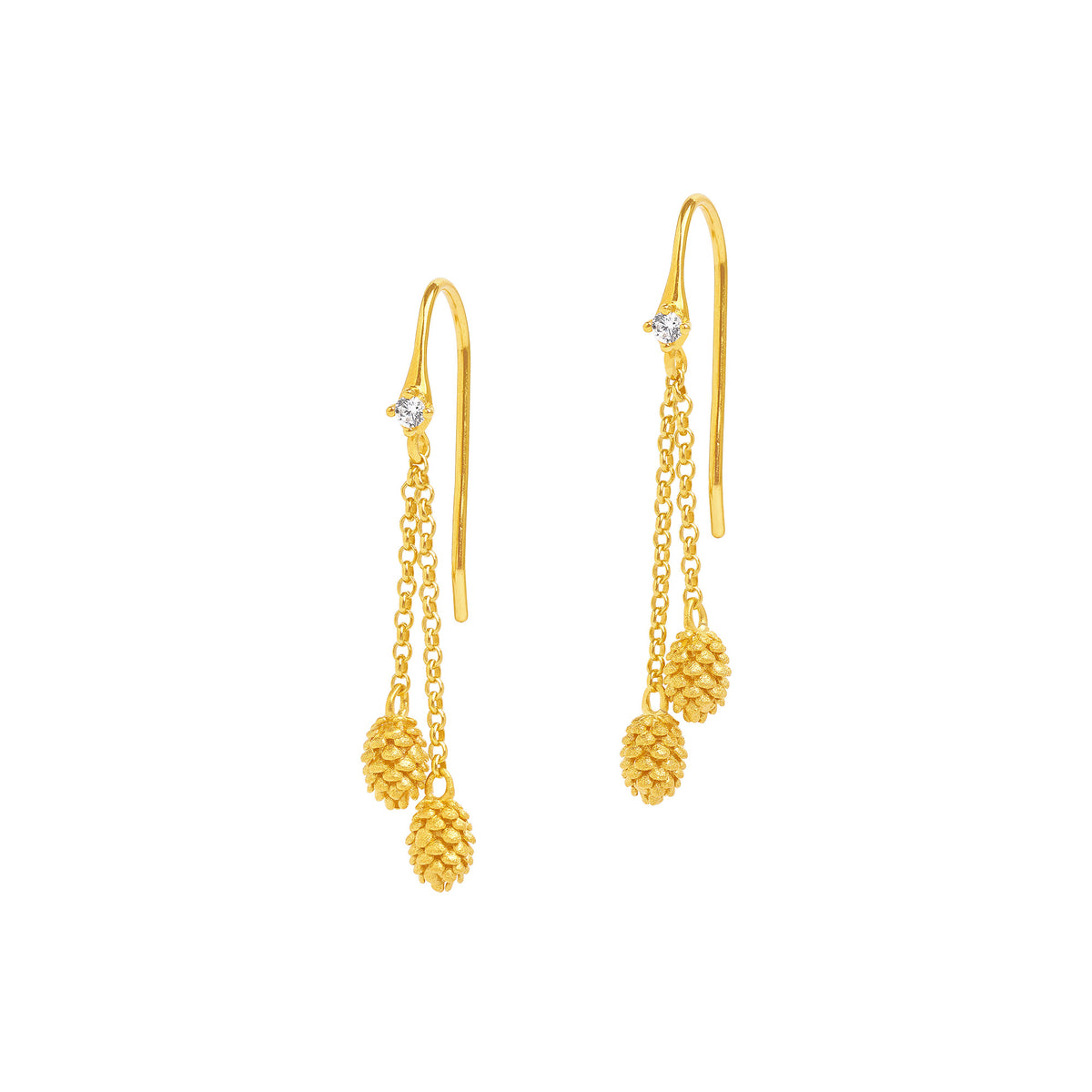Ohrhänger Tannenzäpfle von BERND WOLF aus 24-Karat-goldplattiertem Sterlingsilber mit Zirkonia, Designlinie Bergwelt.