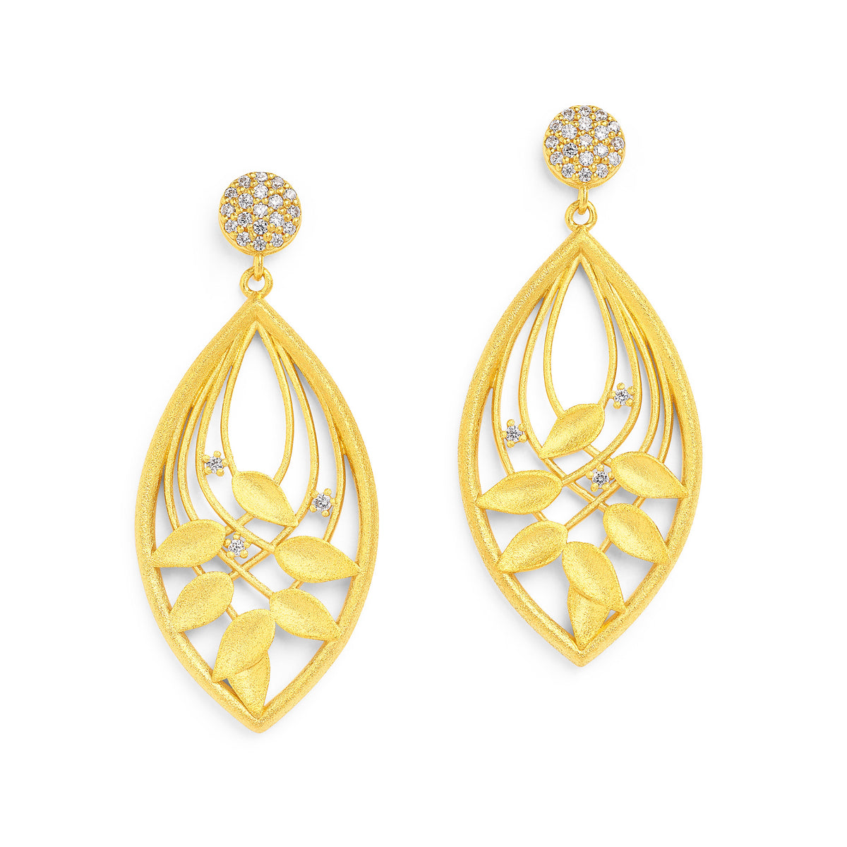 Ohrhänger Driluna von BERND WOLF aus 24-Karat-goldplattiertem Sterlingsilber mit Zirkonia, Designlinie Swing.