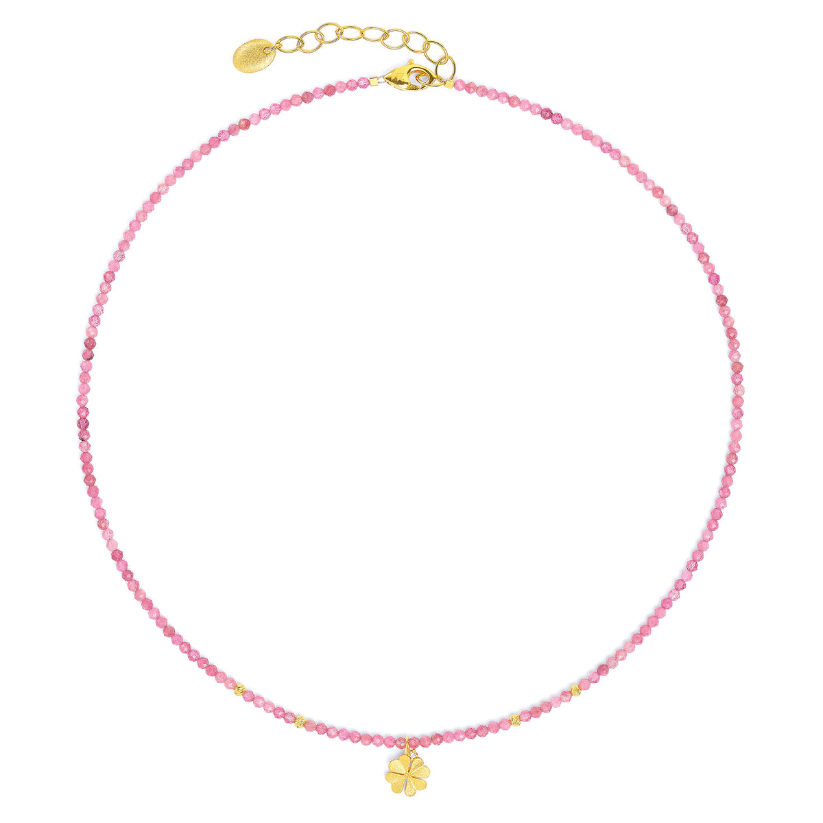 Kette mit Anhänger Kleenfa von BERND WOLF aus 24-Karat-goldplattiertem Sterlingsilber mit Turmalin pink, Designlinie Glücksbringer.