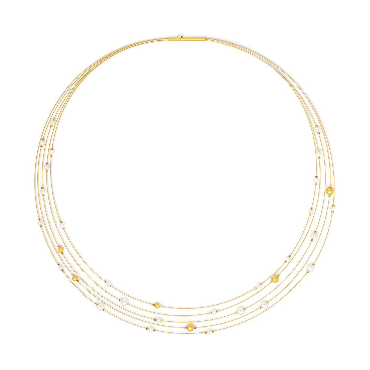Collier Planety von BERND WOLF aus 24-Karat-goldplattiertem Sterlingsilber mit Süßwasserperle, Designlinie Orbit.