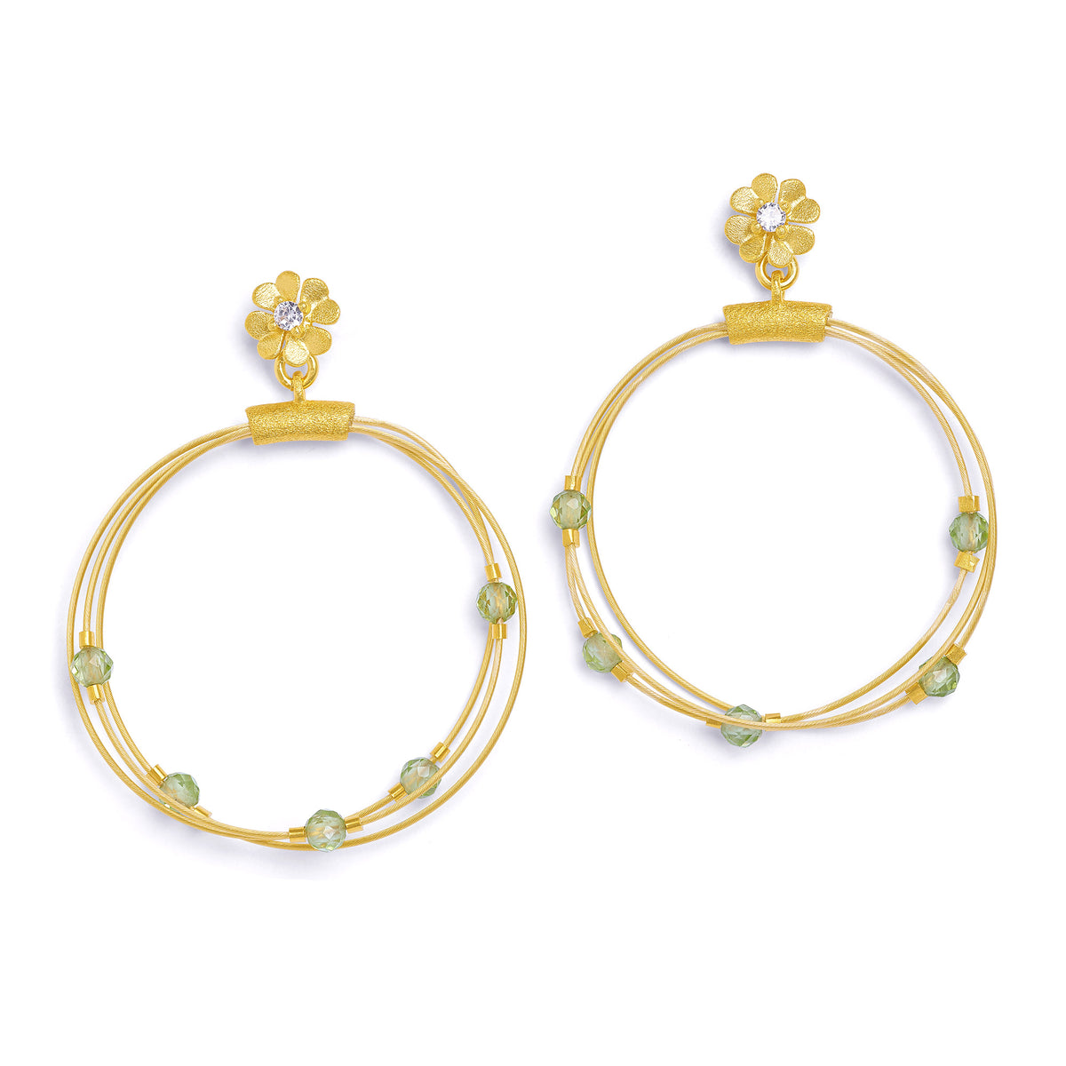 Ohrhänger Rondelli von BERND WOLF aus 24-Karat-goldplattiertem Sterlingsilber mit Peridot, Designlinie Glücksbringer.