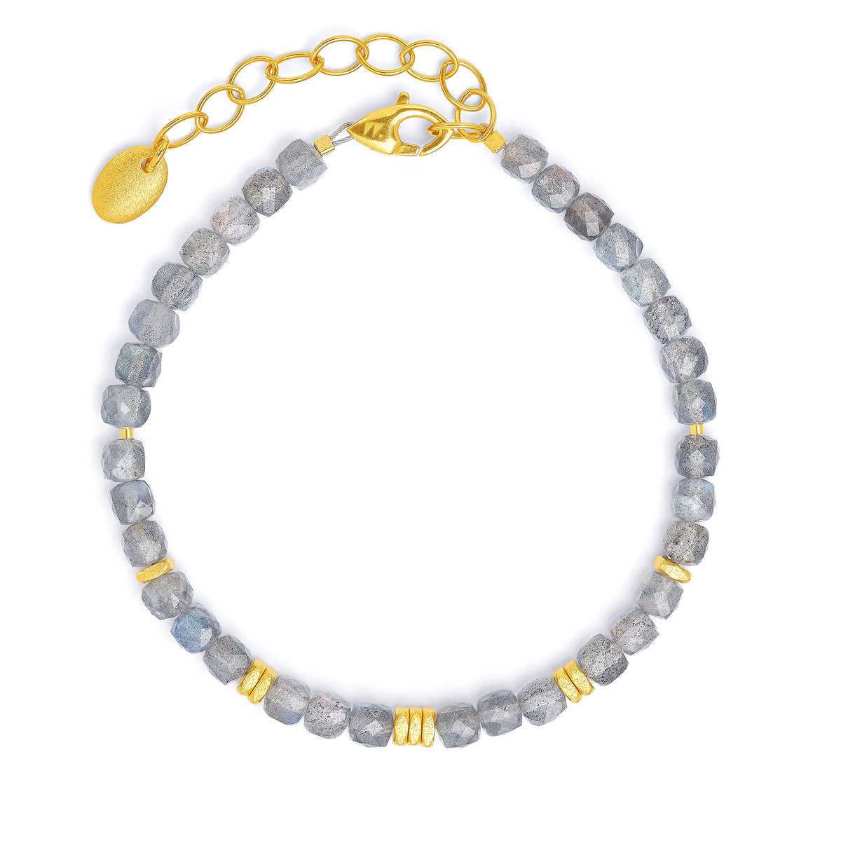 Armkette Fabella von BERND WOLF aus 24-Karat-goldplattiertem Sterlingsilber mit Labradorit, Designlinie Cubes.