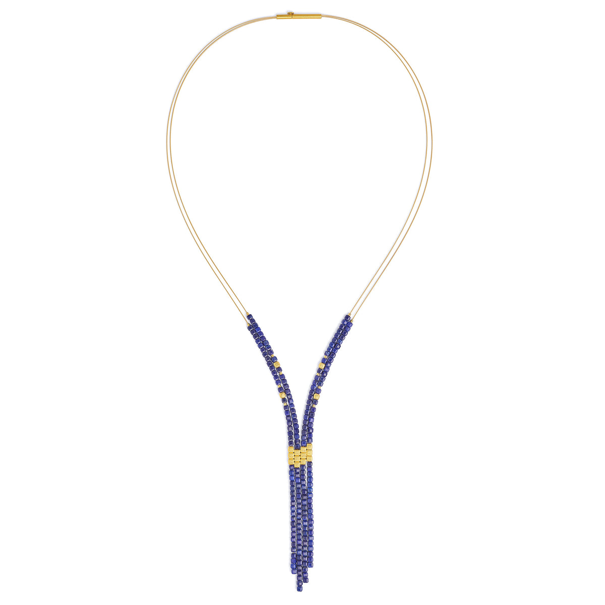 Y-Collier Yacusa von BERND WOLF aus 24-Karat-goldplattiertem Sterlingsilber mit Lapislazuli, Designlinie Cubes.