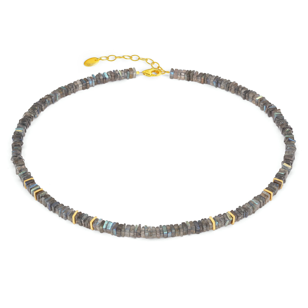 Halskette Platino von BERND WOLF aus 24-Karat-goldplattiertem Sterlingsilber mit Labradorit, Designlinie Cubes.