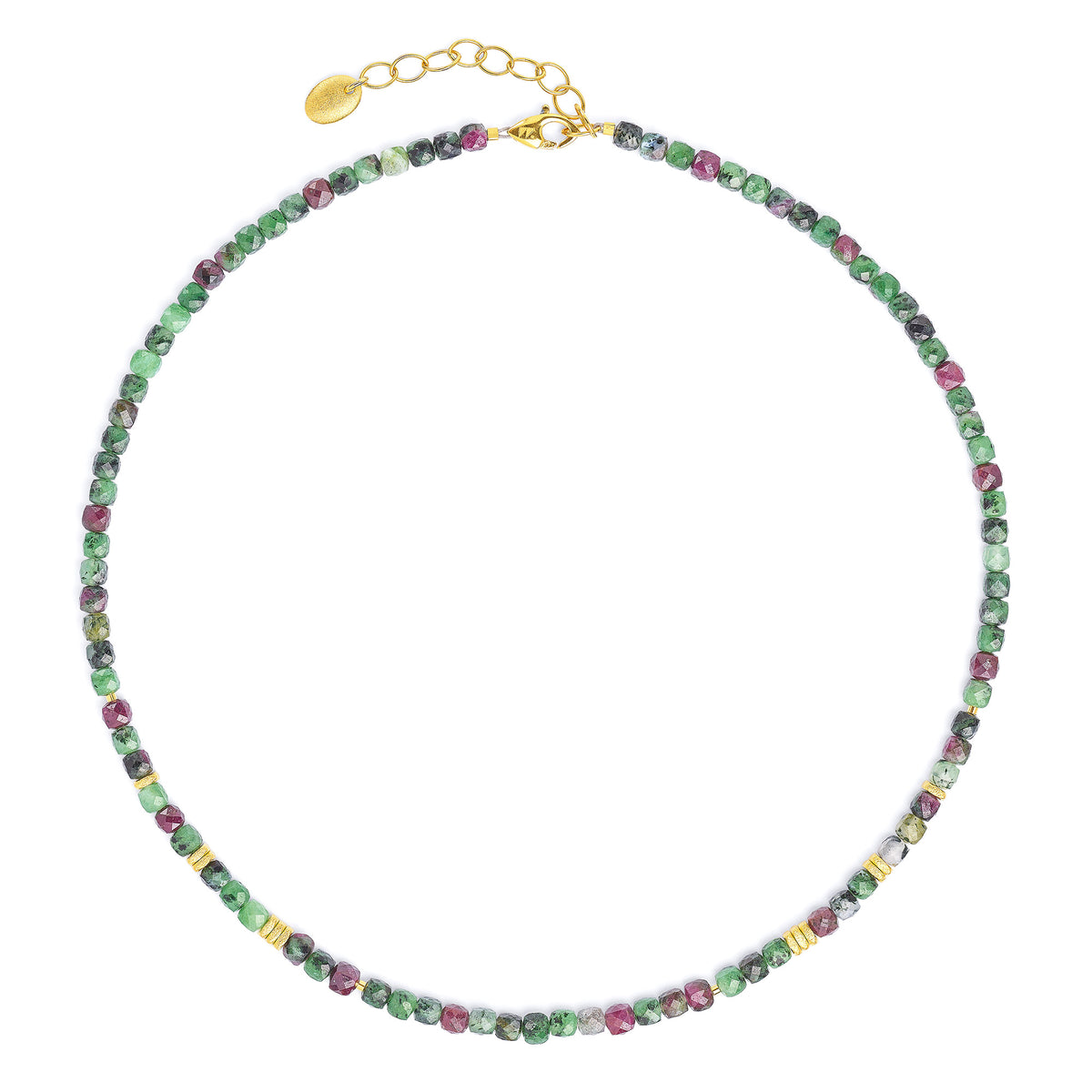 Halskette Fabella von BERND WOLF aus 24-Karat-goldplattiertem Sterlingsilber mit Rubin-Zoisit, Designlinie Cubes.