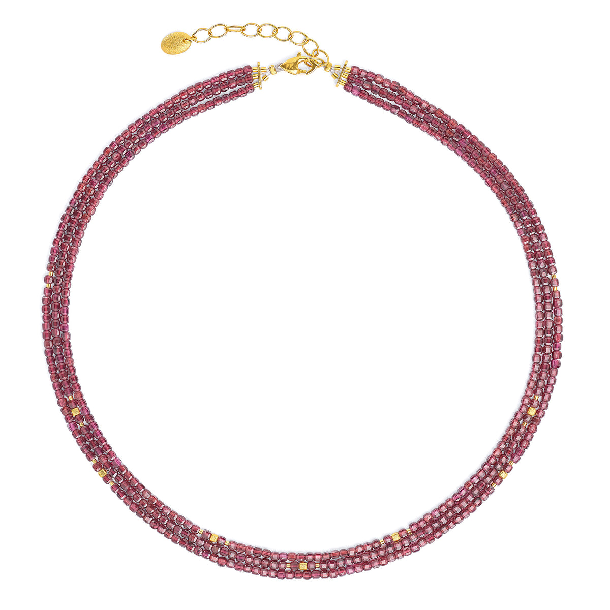 Halskette Cutrias von BERND WOLF aus 24-Karat-goldplattiertem Sterlingsilber mit Granat, Designlinie Cubes.