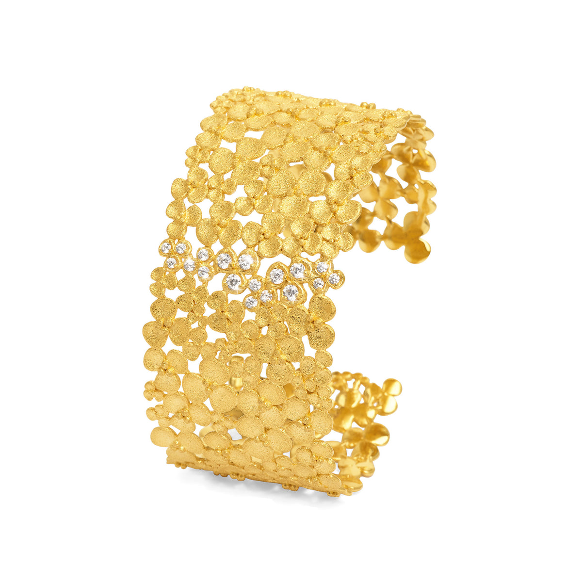 Armreif Leilandia von BERND WOLF aus 24-Karat-goldplattiertem Sterlingsilber mit Zirkonia, Designlinie Flowertimes.