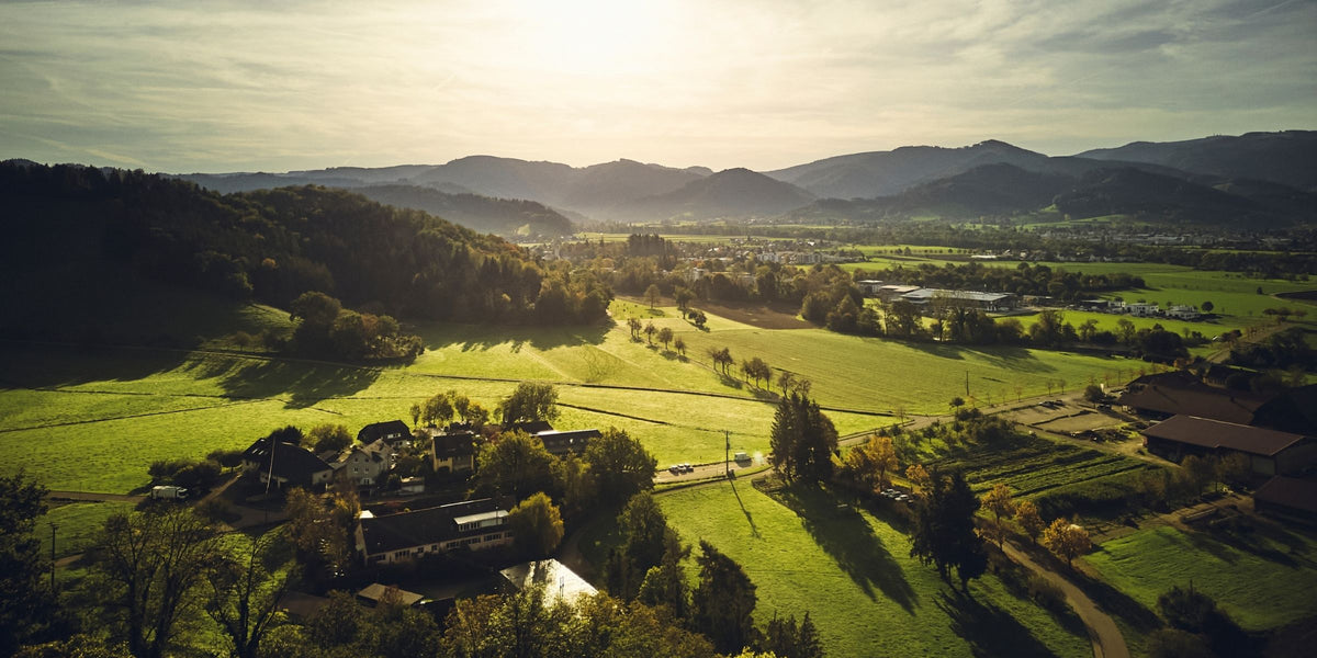 Luftaufnahme des Dreisamtals im Schwarzwald mit der BERND WOLF Schmuckmanufaktur inmitten von Wiesen, Wäldern und Hügellandschaft.